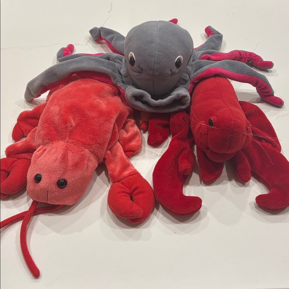 Vtg Plush Creations Lobster, Octopus And Caltoy Lobster Plush Hand Puppet.